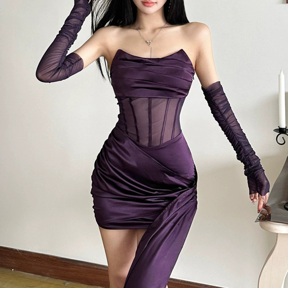 Zara Winter Strapless Sheer Asymmetrical Train Waist Cinching Dress